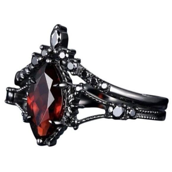 2 piece Marquise Cut Ruby and Moissanite Engagement Wedding Ring Set in Rhodium - Picture 3 of 5